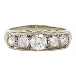 White gold five stone diamond ring, the central old cut diamond of approx 0.50 carat, total diamond weight approx 1.00 carat, stamped 14K