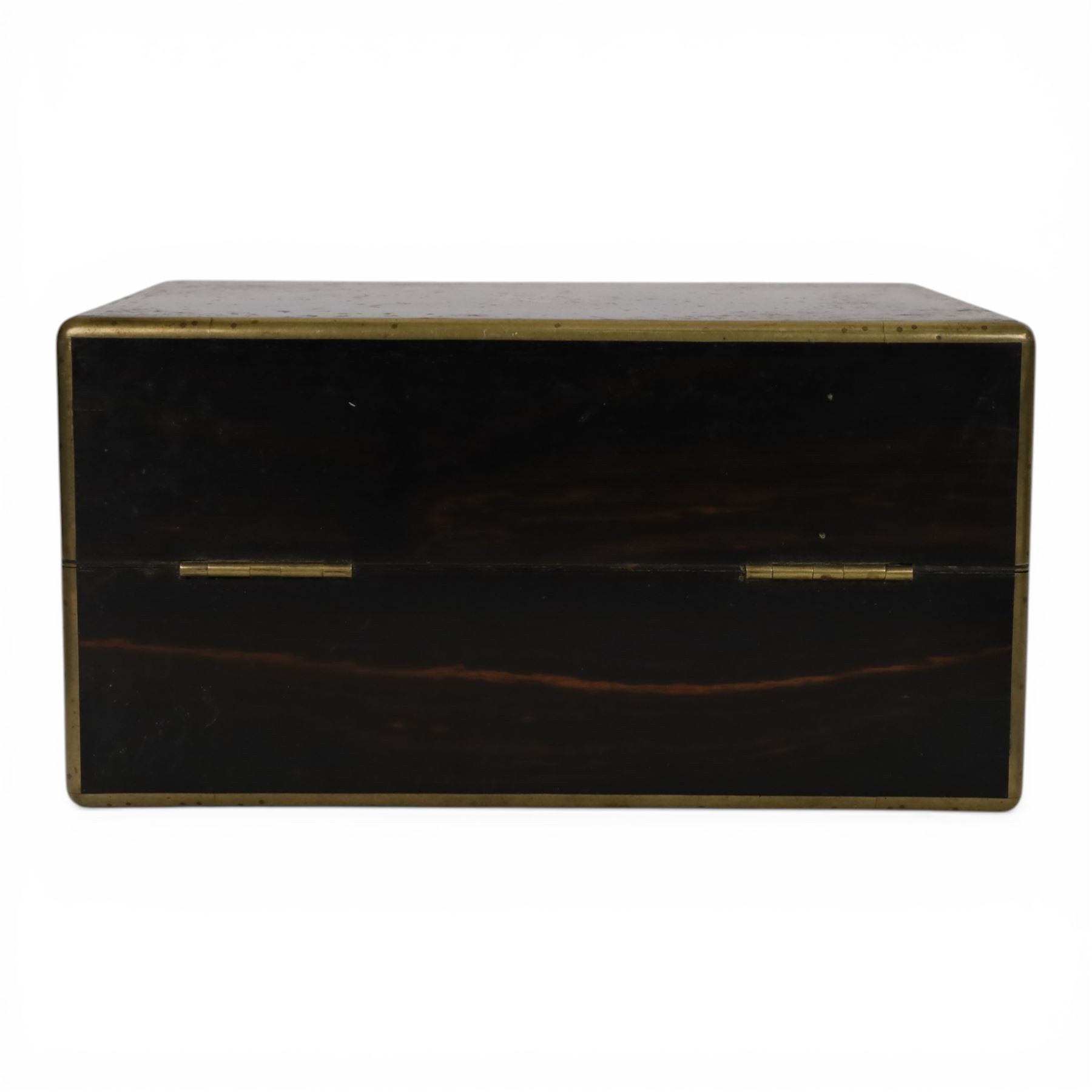 19th century brass mounted coromandel wood box, the hinged lid with inlaid cartouche with initials to the centre, opening to reveal two removable velvet lined trays 