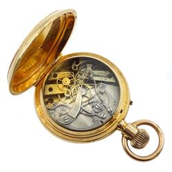 Swiss 18ct gold open face keyless lever chronograph pocket watch, case No. 7967, skeleton dust cover, chronograph operated by pendant, white enamel dial with Roman hours and outer Arabic minute ring and subsidiary seconds dial, engine turned back case with cartouche, hallmarked