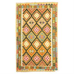 Afghan Maimana flatweave kilim runner, central field features large bold nested diamond mo...