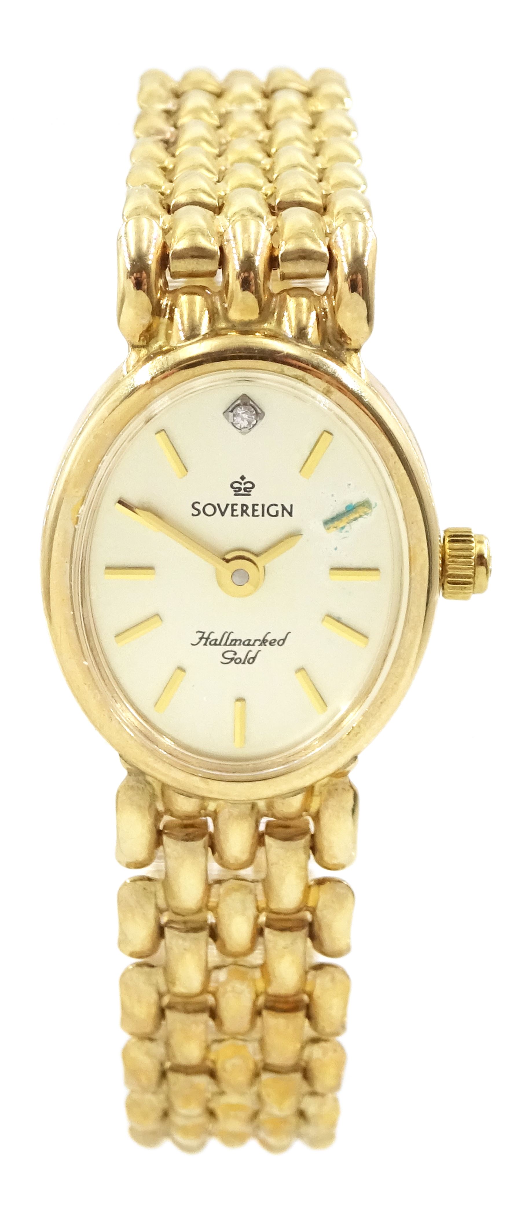 Sovereign ladies 9ct gold quartz wristwatch, on 9ct gold link bracelet, stamped 375, boxed