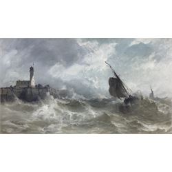 Stephen Frank Wasley (British 1848-1934): Heavy Swell off Scarborough Lighthouse, oil on canvas signed 60cm x 105cm