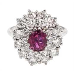 18ct white gold oval ruby and two row, round brilliant cut diamond ring
[image code: 4mc]