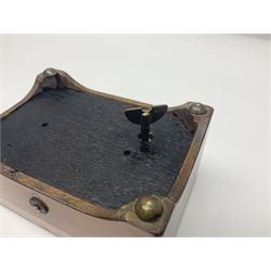 Small late 19th/early 20th century Swiss walnut cased musical box, the overglazed movement with 5cm cylinder and thirty-five tooth comb; the lid with card inscribed 'La Fauvette Salse' and 'Marche de Faust'; under base winding with key; serial no.50443, L12cm