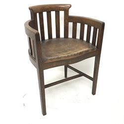 Early 20th century oak tub shaped chair, studded leather seat, square tapering supports, W54cm