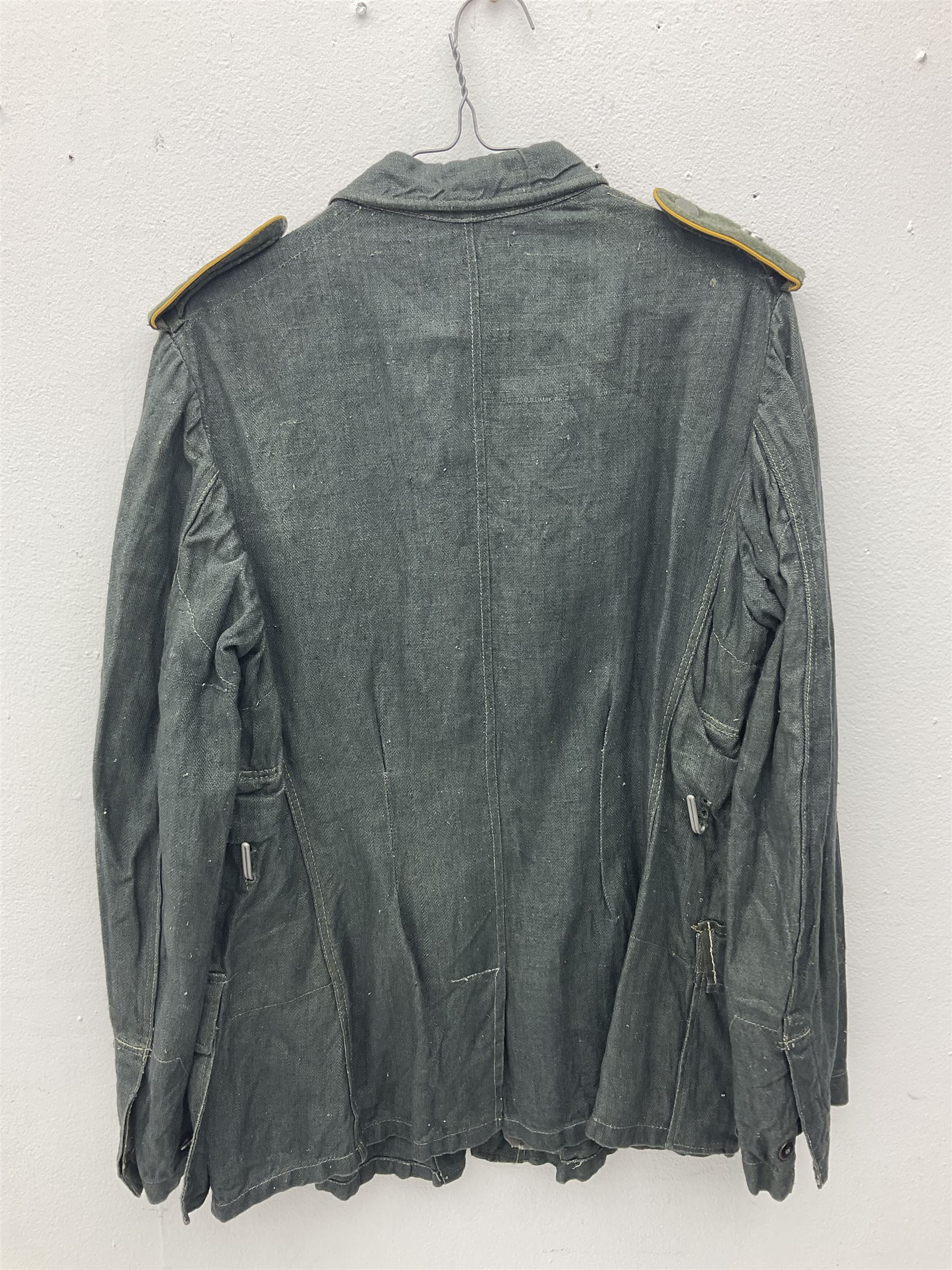 WW2 German Army grey/green herringbone twill four pocket tunic with shoulder tabs for signals regiment, cloth eagle insignia and iron cross ribbon
