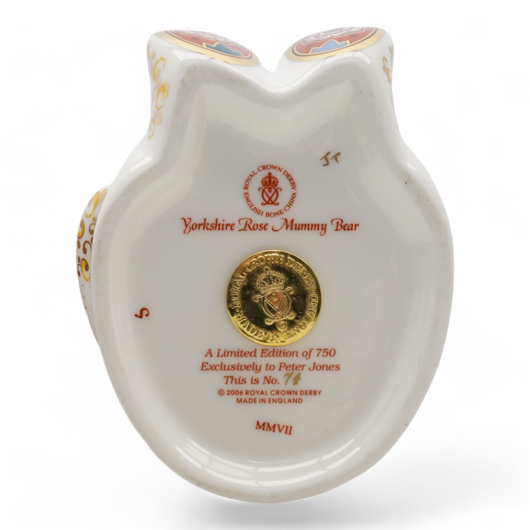 Two Limited Edition Royal Crown Derby paperweights, compromising Yorkshire Rose Mummy Bear, no.74/750, and Yorkshire Rose Daddy Bear, no.265/750, with gold stoppers