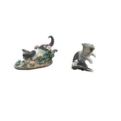 Two Lladro cat figures, comprising Cat and Mouse no 5236 and Kitty Confrontation no 1442, together with Royal Copenhagen cat and three other figures 