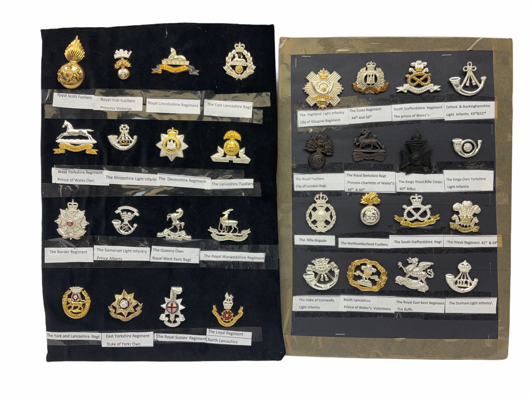 Collection of thirty-two reproduction military badges, including Royal Scots Fusiliers, Royal Lincolnshire Regiment, The Boarders Regiment etc. 