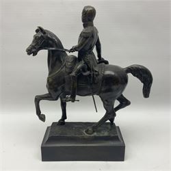 Bronze figurine of Napoleon on horseback upon a rectangular base, H37cm 