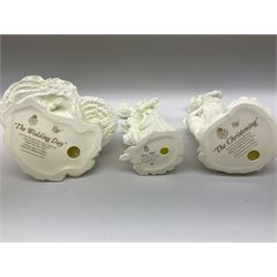 Six Royal Worcester figures, comprising The Wedding Day, New Arrival, The Christening, First Steps, Once Upon a Time and Sweet Dreams, all with printed marks beneath 