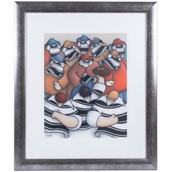 Peter Bell (Hull Contemporary): Rugby Players and Crowd, pastel signed 48cm x 37cm 