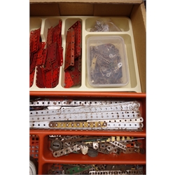  Collection of Meccano, loose in trays and in 3M Set box, including red, green, blue and silvered sections, lorry cabs, instruction booklet etc, in two boxes  