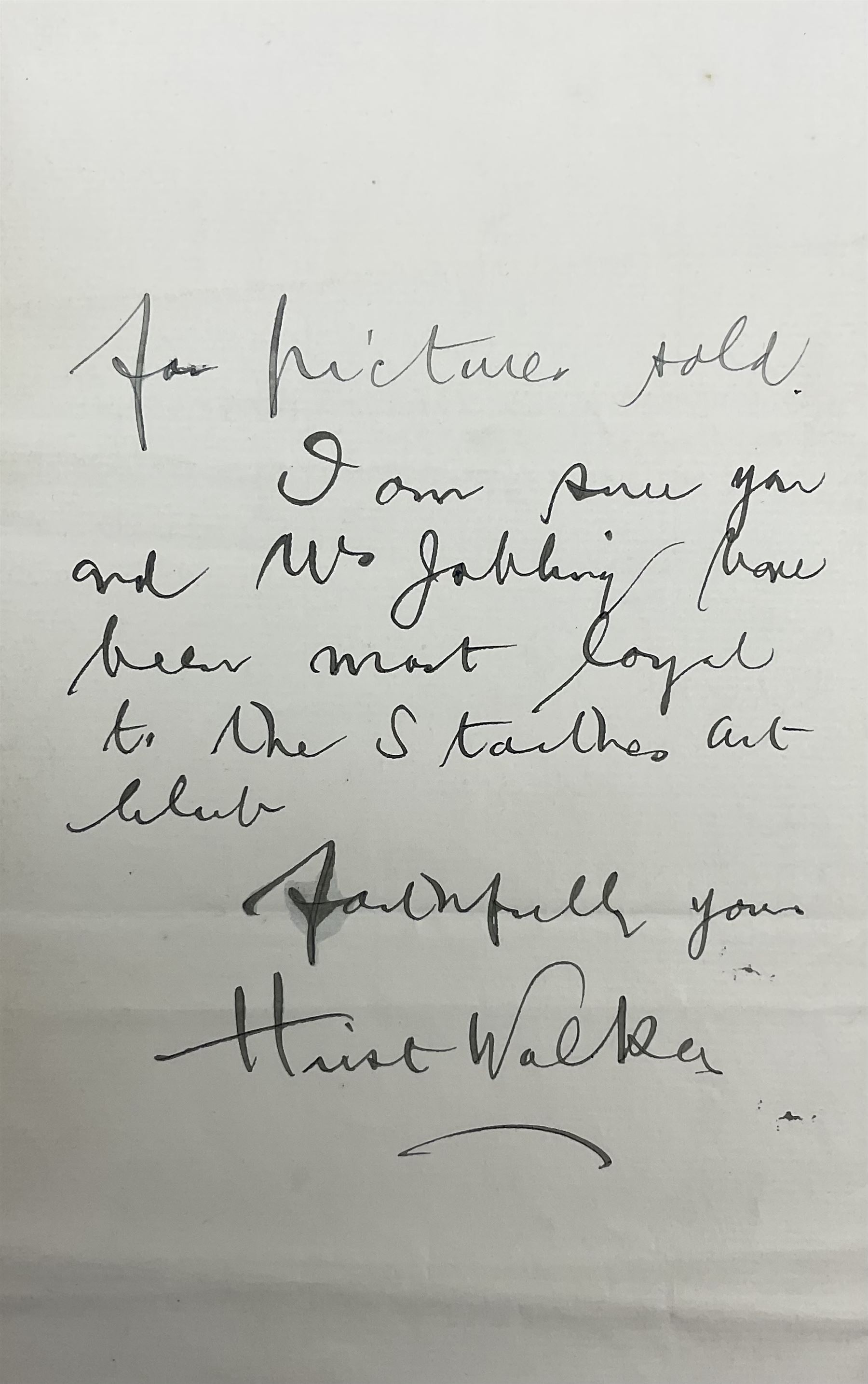 Hirst Walker (Staithes Group 1868-1957): two handwritten letters to fellow Staithes Group member Robert Jobling (1841-1923). 
The first, on York City and County Banking Co Ld Whitby headed paper, inscribed 'Dear Mr Jobling, I am extremely obliged for the 4/- postal order safely to hand. I only hope that another year I may have the pleasure of sending a cheque to you for pictures sold. I am sure you and Mrs Jobling have been most loyal to the Staithes Art Club. Faithfully yours, Hirst Walker.' 
The second being a copy of the Staithes Art Club Statement of Accounts for 1907, inscribed 'Dear Sir, I feel I hardly like to call on you and Mrs Jobling for the call of 2/- back now due from members of the Club. However - as you both paid your subscription - (tho' showing no work) - I feel you wish to be treated as are the other members. We have had another bad year. I hope that some entirely fresh arrangement mat be made for a future show; and that you and Mrs Jobling will contribute a full number of pictures. Yours faithfully, Hirst Walker. See inside.'