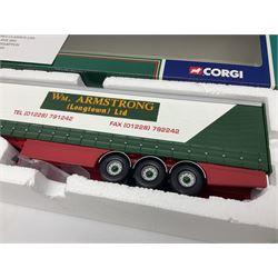 Corgi - three limited edition lorries; CC11905 ERF EC Flatbed Trailer & Log Load Los Millican (Penton) Ltd; CC12102 Renault Premium Curtainside Wm.Armstrong (Longtown) Ltd; and CC12903 Scania Topline Curtainside Currie European Transport; all boxed (3)