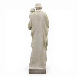 Carved stone and alabaster figure group of Saint Joseph and the Christ Child, modelled standing holding the infant, draped in flowing robes, raised on square plinth base