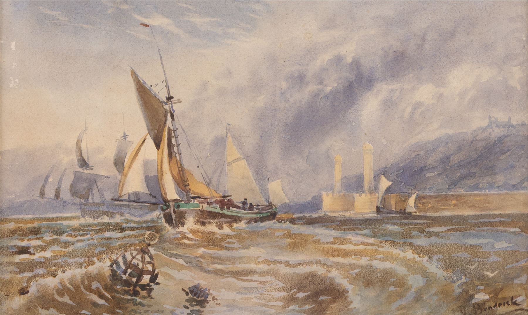 Brodrick (British 19th/20th century): Choppy Seas off Whitby Harbour, watercolour signed 16cm x 26.5cm
