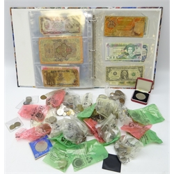  Collection of Great British and world coins and World banknotes including Eastern Caribbean five dollars note, USA one dollar bill, pre-decimal coinage etc, in one ring binder folder and loose  