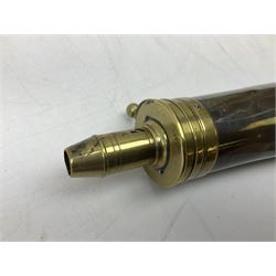 Two Sykes Patent brass mounted small load powder flasks with fire proof safety tops - one with slim plain copper body H17.5cm; the other with plain gun metal body H19cm (2)