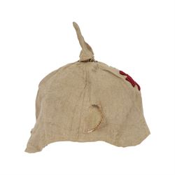 WWI canvas Pickelhaube Überzug (helmet cover), with ventilated finial cover, meta hooks to the seams, witha red cross to the front, marked to the inside ' BAVI 1915 '.