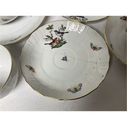 Herend of Hungary Rothschild bird pattern, part tea service, comprising two large teacups and saucers, two teacups and three saucers, milk jug, sugar bowl, five dessert plates and two side plates (18)