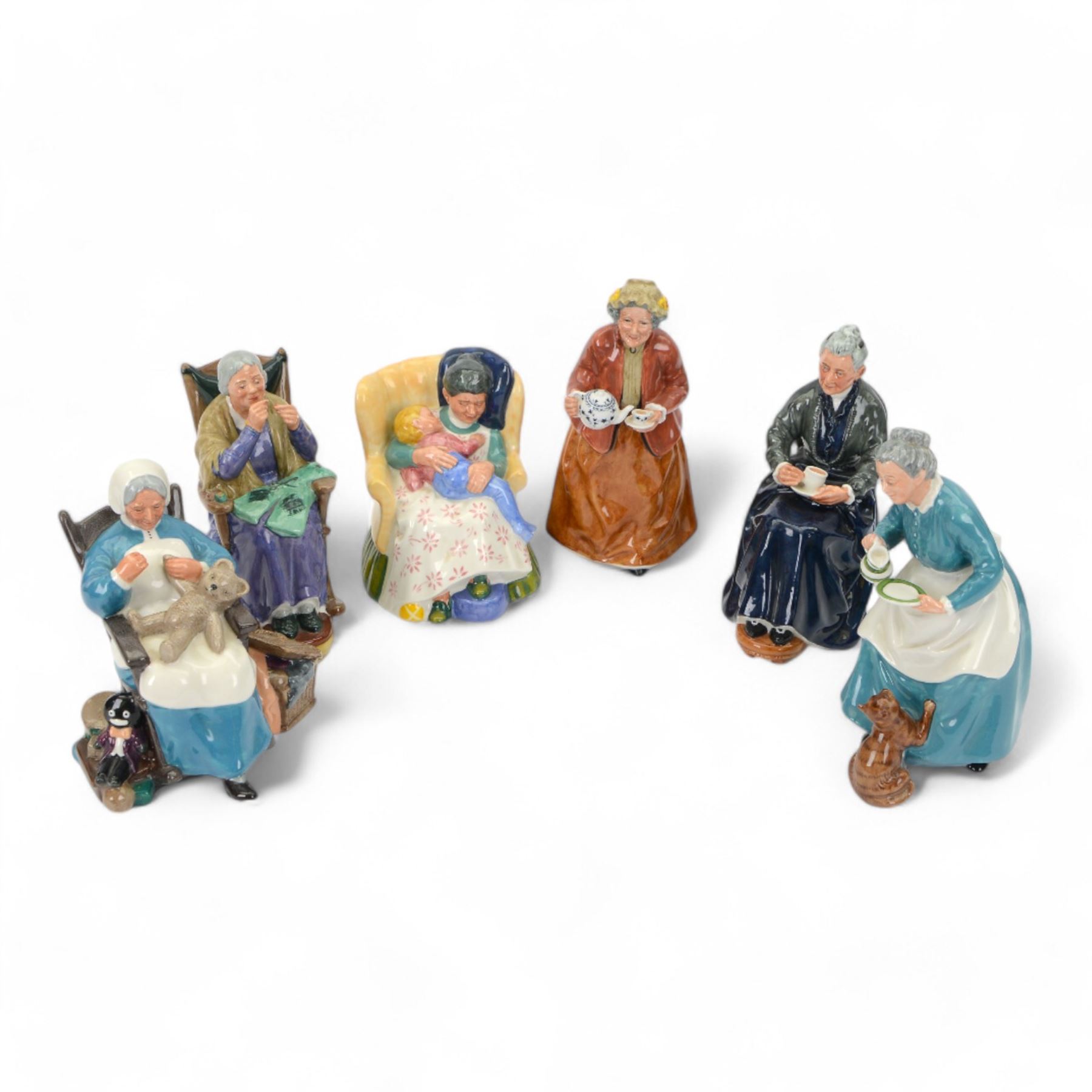 Six Royal Doulton figures including Teatime HN2255, A Stitch in Time HN2352, The Cup of Tea HN2322 etc 