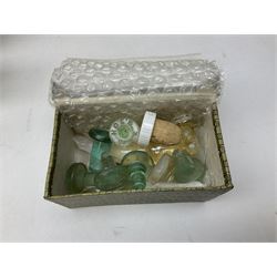 Collection of various vintage glass bottles and stoppers, including advertising bottles, sauce bottles and medical bottles etc