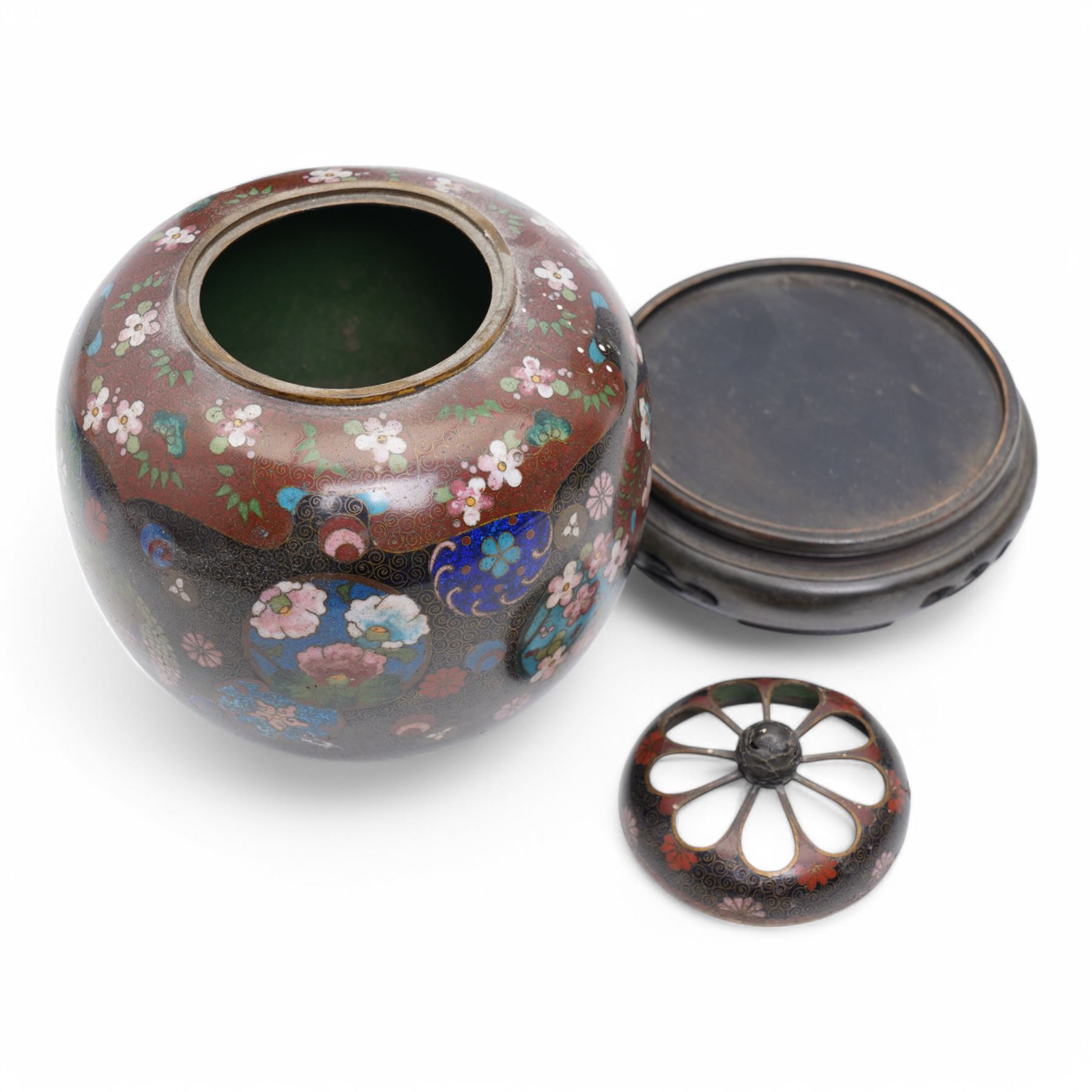 20th century Japanese jar and cover decorated with birds and flowers on a blue ground H24cm, pair of floral decorated cloisonne vases H32cm and a cloisonne pot pourri with pierced cover 