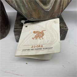 Bronzed bust of Greek man upon a marble base, together with two wooden sculptures 