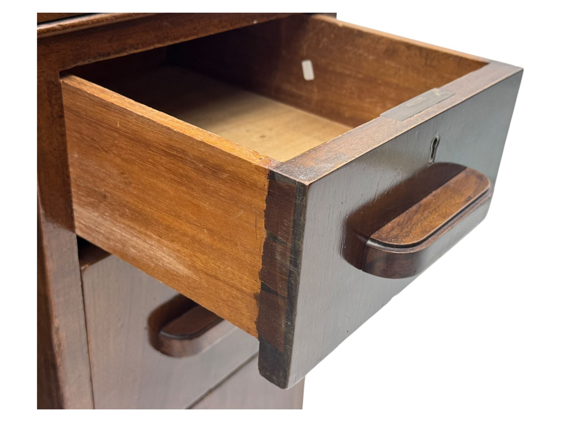 Edwardian inlaid mahogany display cabinet fitted with two glazed cupboards, fitted with rectangular glazed top and sides over a blue velvet interior, twin glazed doors below enclosing a shelved interior on a curved plinth