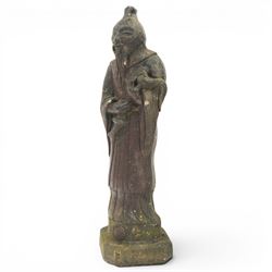 Set of four Chinese style composition figures, depicting robed attendants and elders, including examples with fan and fish, raised on moulded bases, tallest 98cm