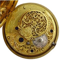 George III gilt metal, triple cased verge fusee pocket watch, for the Turkish market by Benjamin Barber, London, No. 6187, tulip pillars, pierced and engraved balance cock decorated with a classical urn, white enamel dial with Turkish numerals, the outer tortoiseshell case, with pique work borders