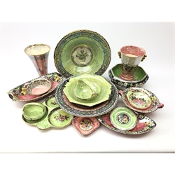  Maling lustre and other similar ceramics including vases, bowls, three sectioned dish and other pieces in pink and green tones  