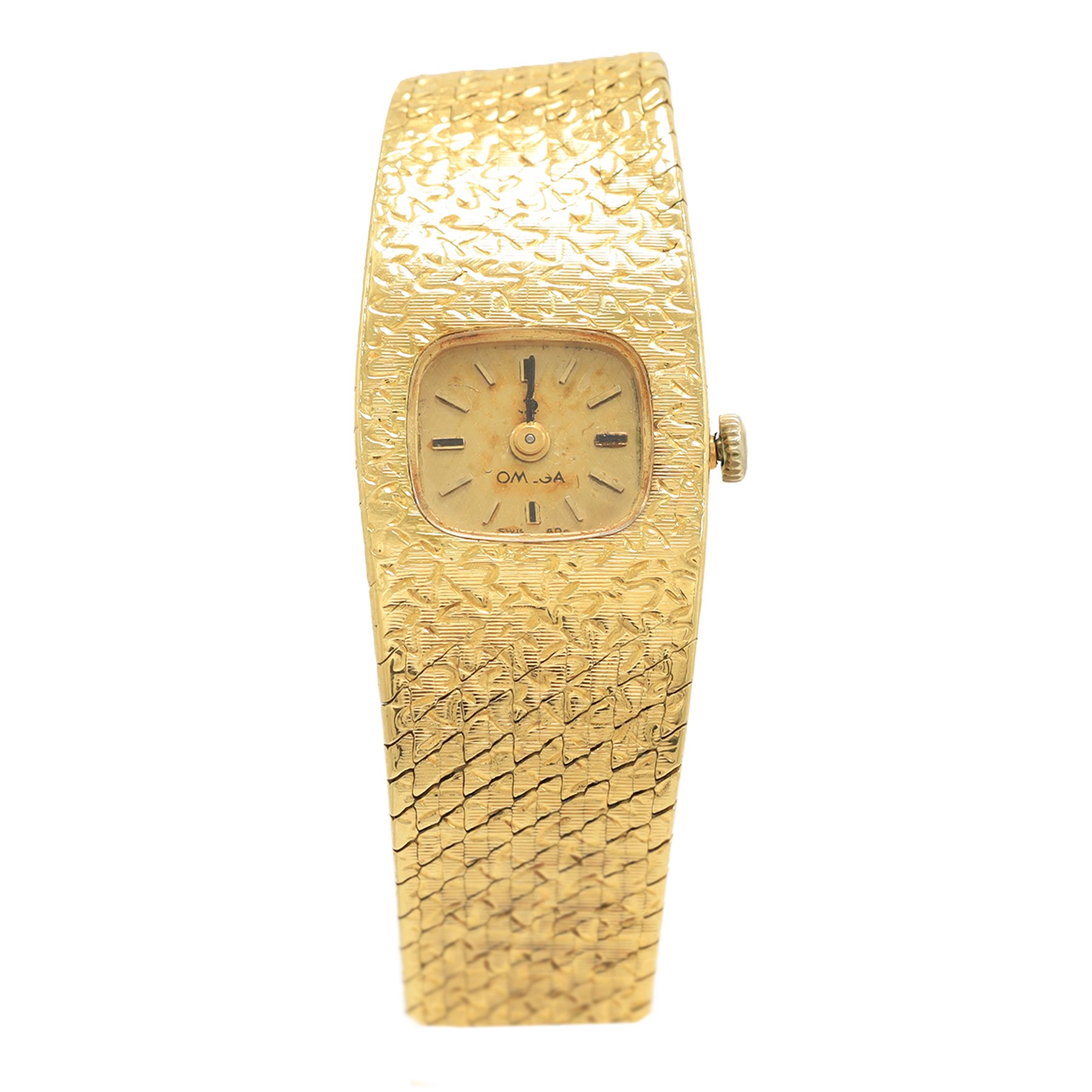 Omega ladies 18ct gold manual wind wristwatch, Cal. 650, champagne dial with baton hour markers, Helvetia hallmark, on integral 18ct gold bracelet, Helvetia hallmark with London import mark 1971
