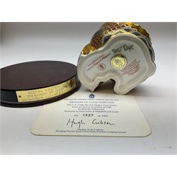 Two Royal Crown Derby paperweights, Dragon of Happiness, limited edition 1227/1500 and Dragon of Good Fortune, limited edition 1227/1500, both with gold stopper, hardwood base, certificate and with printed mark beneath
