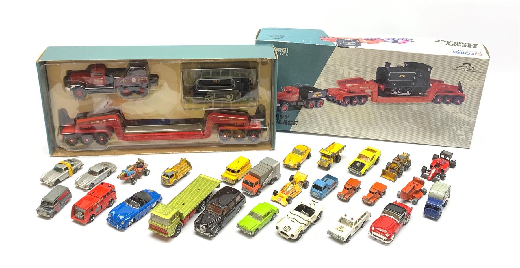 Corgi - Heavy Haulage Annis & Co Ltd Diamond T Ballast with Girder Trailer & Locomotive load No.31007, boxed; and quantity of unboxed and playworn models by Corgi, Matchbox, Lesney etc