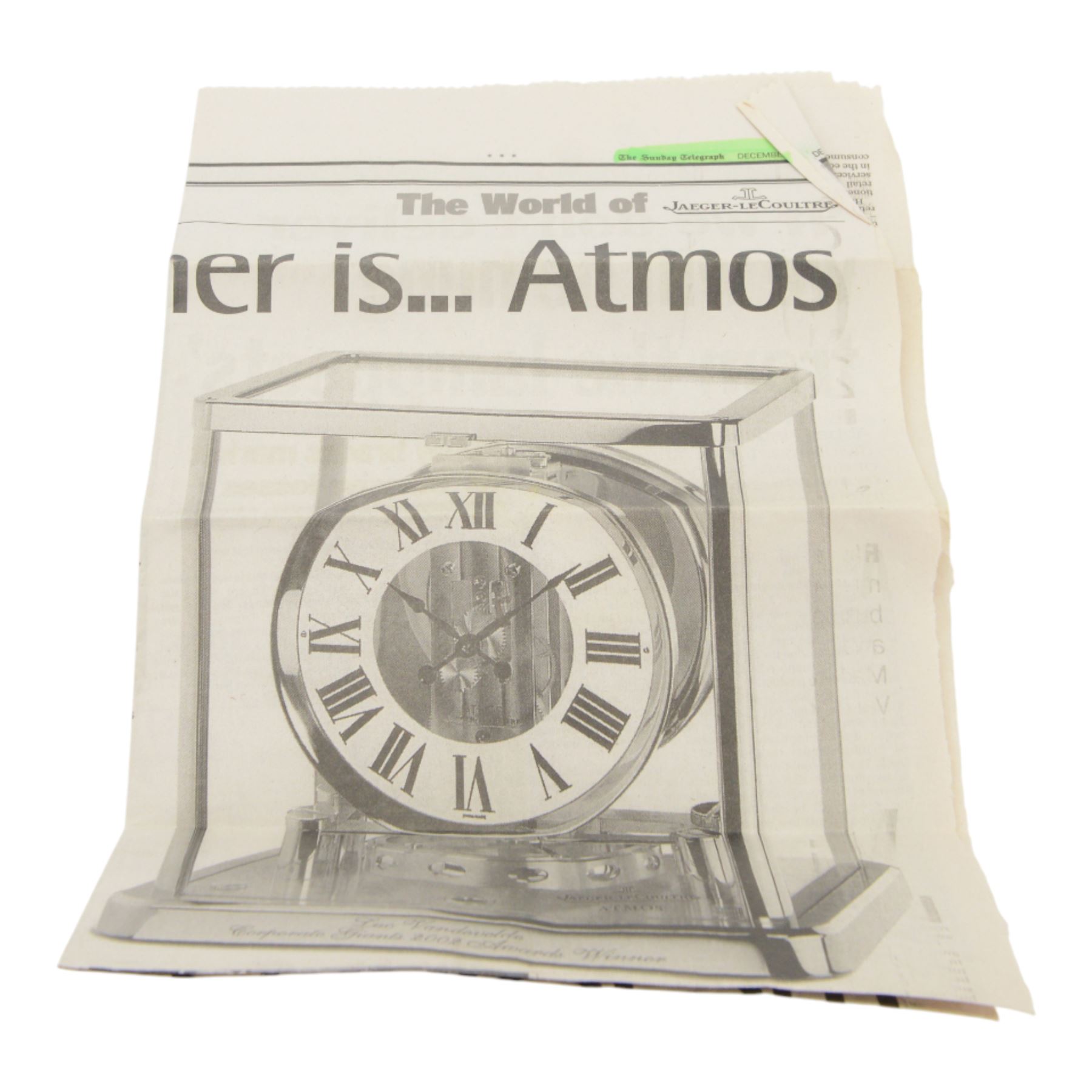 Jaeger-LeCoultre Atmos Clock - Caliber 528-6, 
gold-plated brass with glass panels, 15 jewel movement with atmospheric bellows winding motor, serial number 161881, circa 1960s, with engraved presentation plaque for W.W. Clayton, Canton Golf Club, 1964, in maker's box with instruction booklet, minute hand detached, H23.5xW21xD16cm