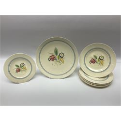 Susie Cooper Nosegay pattern tea service, teapot, eight cups and saucers, six dessert plates, three graduating jugs, covered twin handled sucrier, open sucrier  and cake plate 