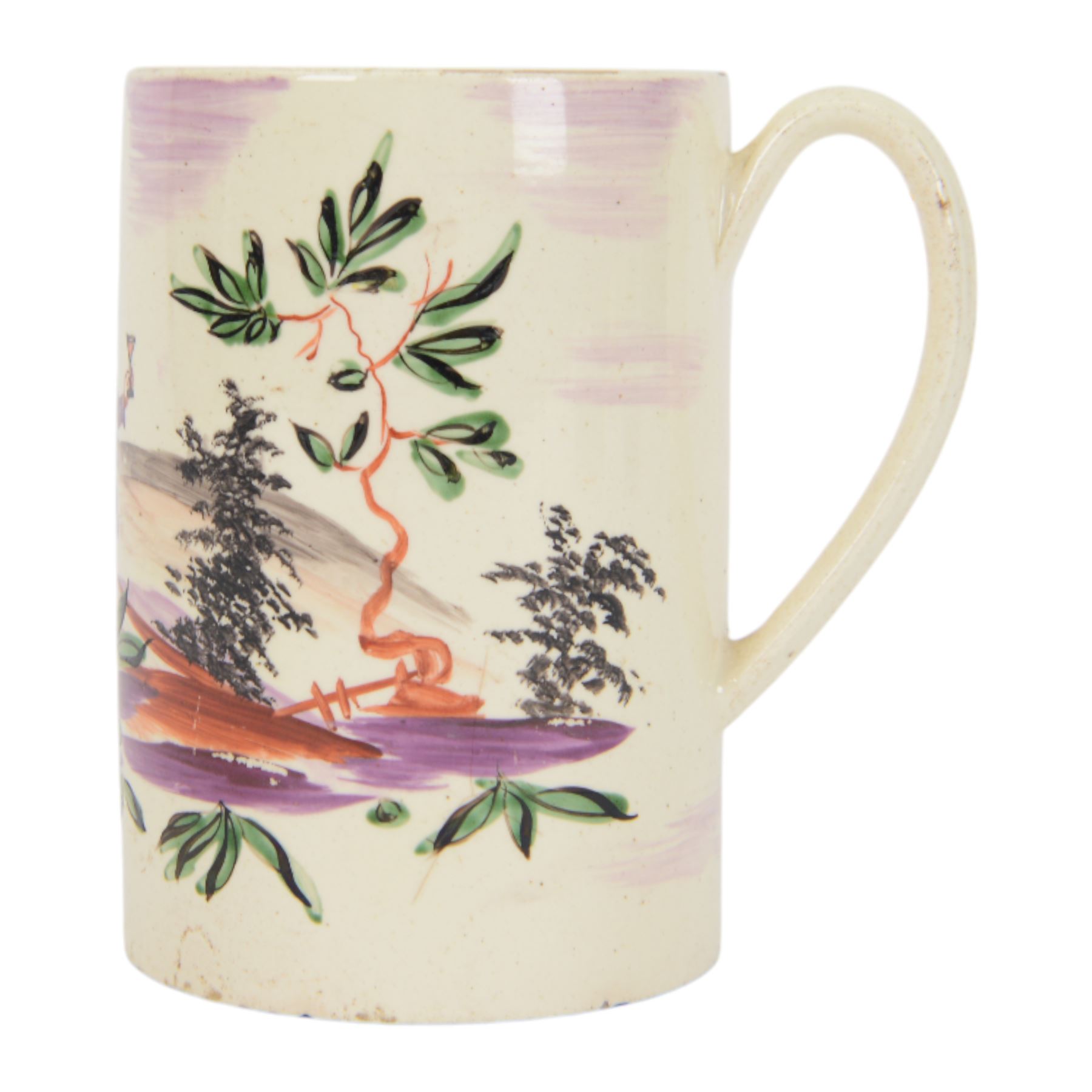 18th century Leeds creamware mug, circa 1770, of cylindrical form with curved strap handle, painted in purple, red and green with a peasant toasting with a glass of ale within a bucolic setting, H12.5cm