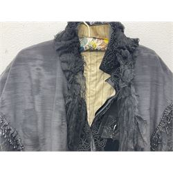 Victorian three piece mourning dress, with lace trim and jet beading, including velvet coat with satin collar panels and cuffs, the nipped waist with boning and slight flared peplum, heavily embellished beaded high neck collar, and ladies embroidered silk lined purse with gilt handle, mount and clasp