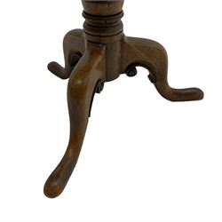 George III mahogany tripod table, circular tilt-top on gun barrel pedestal with three splayed supports carved with scrolls 