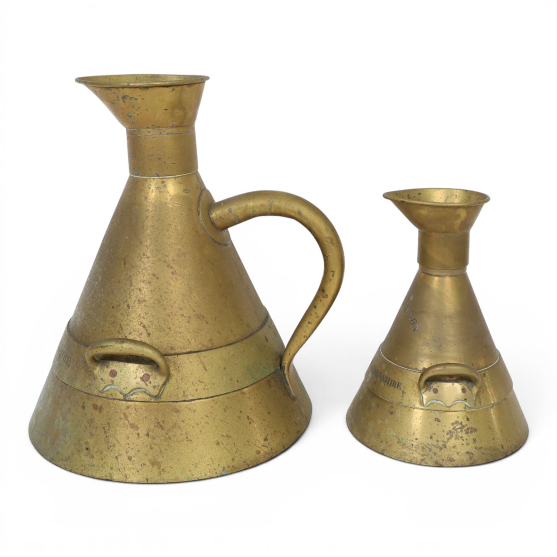 Victorian brass conical measures, 2 Gallon and Half Gallon, each engraved East Riding of Yorkshire, D E Grave & Co Ltd, largest H40cm