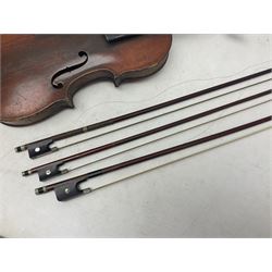 Incomplete amateur made violin c1880 for restoration and completion with 36.5cm one-piece maple back and ribs and spruce top L59.5cm; together with two brazilwood violin bows and pernambuco cello bow, all with nickel mounts (4)