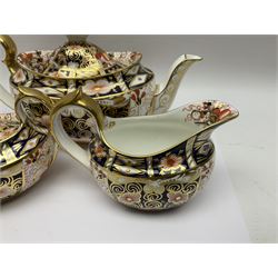Royal Crown Derby 2451 Imari pattern three piece tea set, comprising teapot, covered sucrier and milk jug, teapot H12cm 