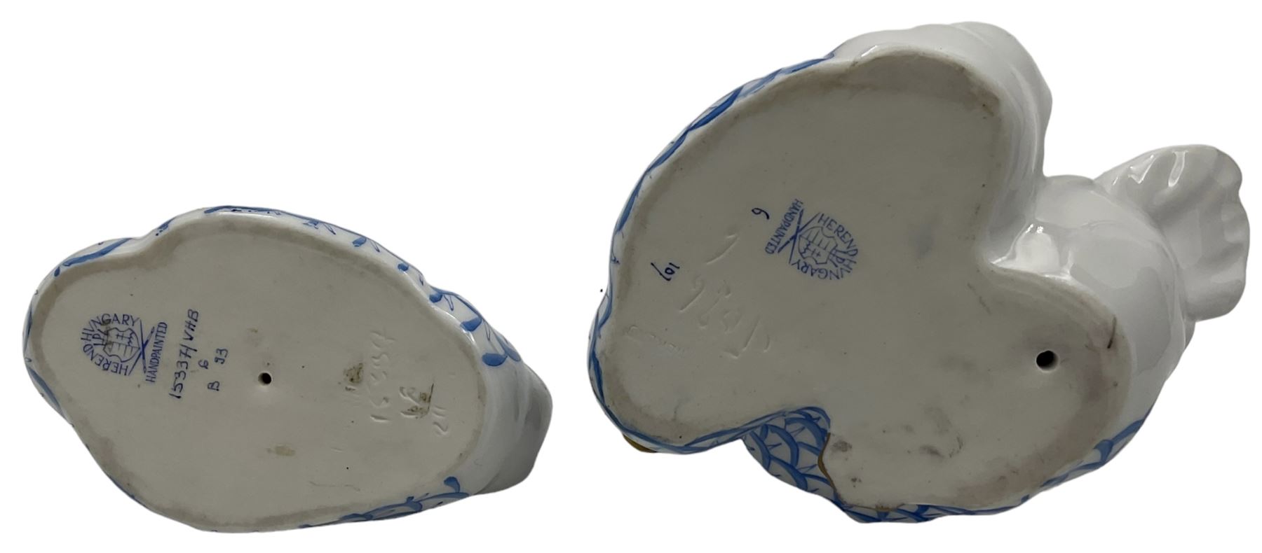 Two Herend fishnet blue figures, comprising duck and pair of nesting ducks, H7cm