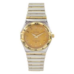 Omega Constellation ladies gold and stainless steel quartz wristwatch, champagne dial with baton hour markers, on gold and stainless steel bracelet, with fold-over clasp, boxed with additional links