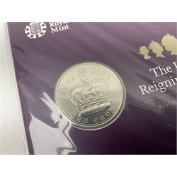 Eleven Queen Elizabeth II cupronickel five pound coins, in card folders or on cards