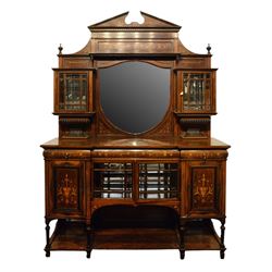 Victorian hardwood and inlaid mirrored side cabinet, the upper section with broken pedimen...