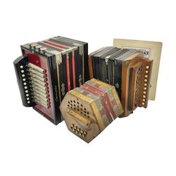 Three European concertinas, comprising Viceroy German concertina with 21 keys, hexagon wooden frame and 8 fold bellows
Oak framed concertina with 12 keys and 8 fold bellows
Commander concertina with 12 keys and 12 fold bellows
With tutor