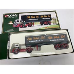 Corgi Eddie Stobart - four Classics lorries; 18801 Bedford KM, 97369 AEC Truck & Trailer, 23101 Ford Transcontinental Tilt Trailer and 14303 Foden S21 Artic Trailer; limited edition 21601 AEC Ergomatic 6-wheel Tipper; and two others in the Roadscene and Truckfest 25 Series; all boxed (7)